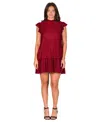 24seven Comfort Apparel Petites Ruffle Cap Sleeve High Neck Pleated Tiered Mini Dress In Brown