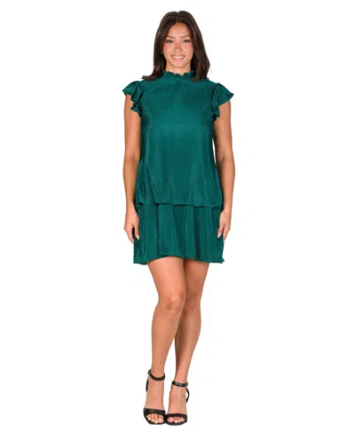 24seven Comfort Apparel Petite Ruffle Cap Sleeve Pleated Tiered Mini Dress In Green