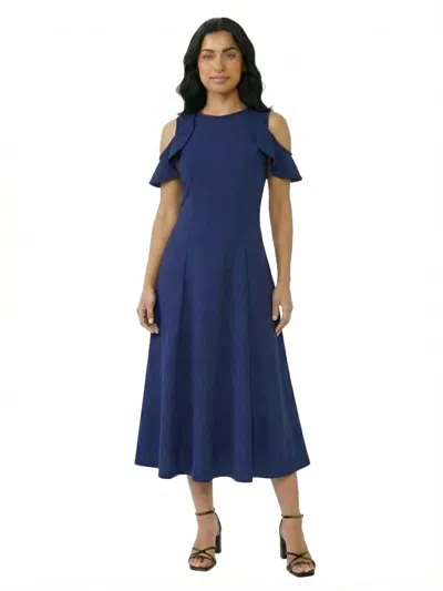 24seven Comfort Apparel Elevate Petite Ruffle Sleeve Cold Shoulder A-line Soft Flare Maxi Dress In Blue