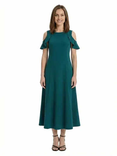 24seven Comfort Apparel Elevate Petite Ruffle Sleeve Cold Shoulder A-line Soft Flare Maxi Dress In Green