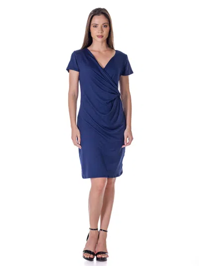 24seven Comfort Apparel Petite Short Sleeve Knee Length Faux Wrap Dress In Blue