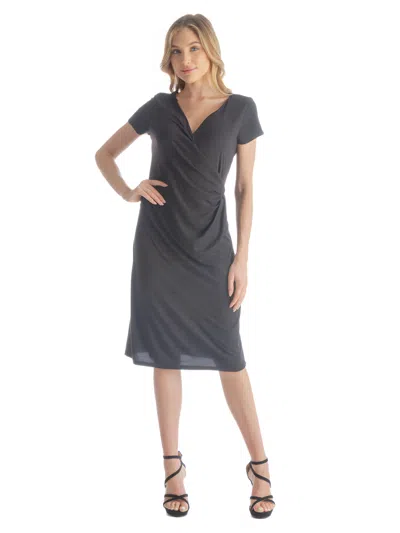 24seven Comfort Apparel Petite Short Sleeve Knee Length Faux Wrap Dress In Gray