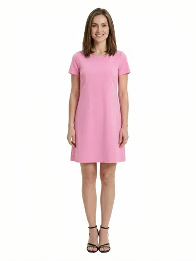 24seven Comfort Apparel Essential Petite Short Sleeve Round Neck Mini Shift Dress In Pink