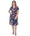24seven Comfort Apparel Petites Tulip Print V Neck Empire Waist Kimono Cap Sleeve Knee Length Dress