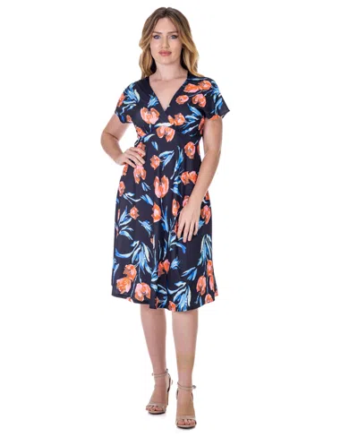 24SEVEN COMFORT APPAREL PETITE TULIP PRINT EMPIRE WAIST KIMONO CAP SLEEVE KNEE LENGTH DRESS