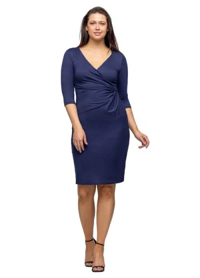 24seven Comfort Apparel Petite V Neck Three Quarter Sleeve Faux Wrap Knee Length Dress In Blue