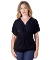 24seven Comfort Apparel Petites V-neck Knot Front Kimono Sleeve Top In Black
