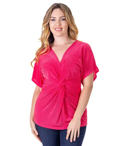 24seven Comfort Apparel Petite V-neck Knot Front Kimono Sleeve Top