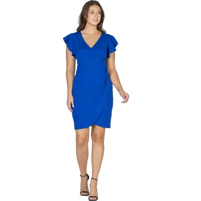 24seven Comfort Apparel Petite V Neck Ruffle Cap Sleeve Faux Wrap Tulip Hem Knee Length Dress In Blue