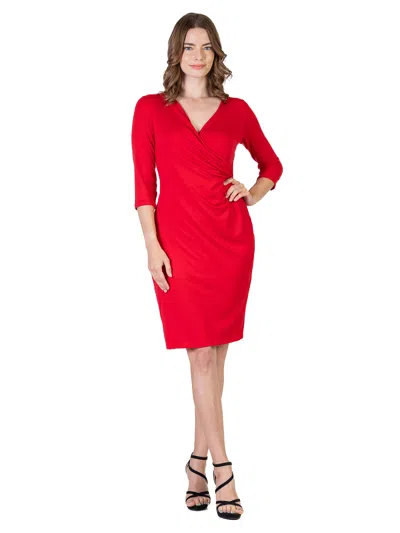24seven Comfort Apparel Petite V Neck Three Quarter Sleeve Faux Wrap Knee Length Dress In Red