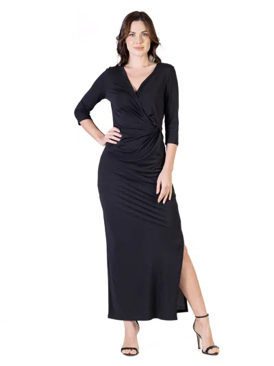 24seven Comfort Apparel Petite V Neck Three Quarter Sleeve Faux Wrap Side Slit Maxi Dress In Black