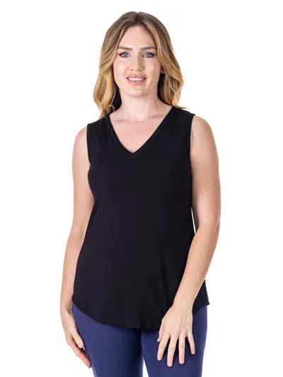 24seven Comfort Apparel Petite V Neck Tunic Tank Top With Round Hemline In Black