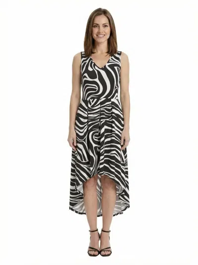 24seven Comfort Apparel Elevate Petite Zebra Sleeveless Fit N Flare High Low Pocket Midi Dress In Black