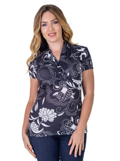 24seven Comfort Apparel Petites Black And White Short Sleeve V-neck Wrap Top In Gray