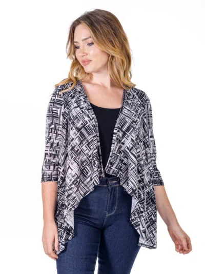 24seven Comfort Apparel Petites Black Print Elbow Length Sleeve Open Cardigan In Multi