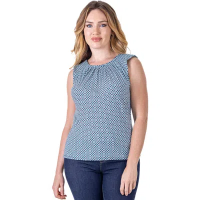 24seven Comfort Apparel Petites Blue Print Pleated Crew Neckline Back Closure Sleeveless Top In Gray