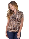 24seven Comfort Apparel Print Short Sleeve V Neck Wrap Top In Brown