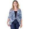 24seven Comfort Apparel Petites Navy Print Elbow Length Sleeve Open Cardigan In Multi