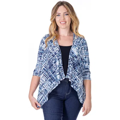 24seven Comfort Apparel Petites Navy Print Elbow Length Sleeve Open Cardigan In Multi