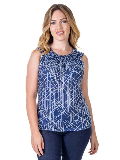 24seven Comfort Apparel Petites Navy Print Pleated Crew Neckline Back Closure Sleeveless Top In Blue