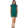 24seven Comfort Apparel Petites Ruffle Cap Sleeve High Neck Pleated Tiered Mini Dress In Green