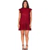 24seven Comfort Apparel Petites Ruffle Cap Sleeve High Neck Pleated Tiered Mini Dress In Burgundy