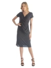 24seven Comfort Apparel Petites Short Sleeve Knee Length Faux Wrap Dress In Gray