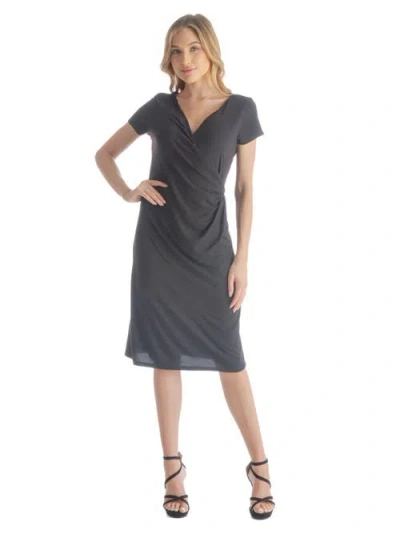 24seven Comfort Apparel Petites Short Sleeve Knee Length Faux Wrap Dress In Gray