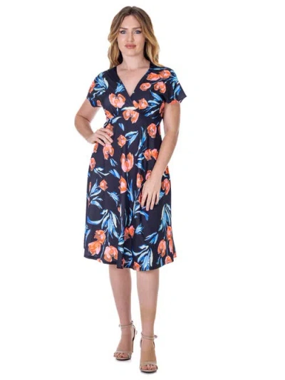 24seven Comfort Apparel Petites Tulip Print V Neck Empire Waist Kimono Cap Sleeve Knee Length Dress In Blue
