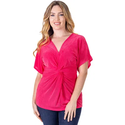 24seven Comfort Apparel Petites V-neck Knot Front Kimono Sleeve Top In Pink
