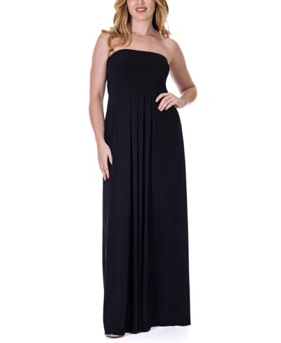 24seven Comfort Apparel Pleated A Line Strapless Maxi Pocket Dress In Black