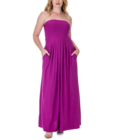 24seven Comfort Apparel Pleated A Line Strapless Maxi Pocket Dress In Dark Pink