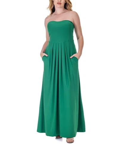 24seven Comfort Apparel Pleated A Line Strapless Maxi Pocket Dress In Green