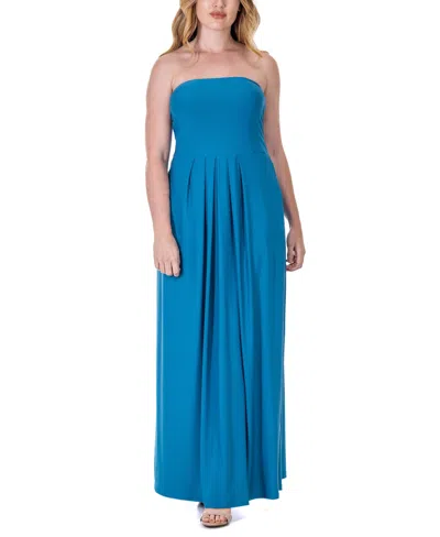24seven Comfort Apparel Pleated A Line Strapless Maxi Pocket Dress In Blue