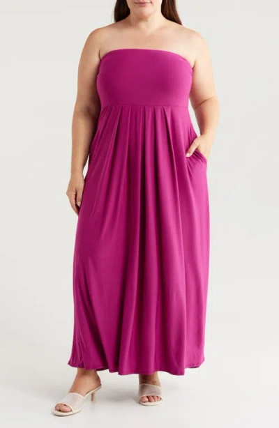 24seven Comfort Apparel Pleated Stretch Strapless A-line Dress In Magenta