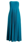 24seven Comfort Apparel Pleated Stretch Strapless A-line Dress In Teal