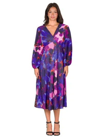 24seven Comfort Apparel Pleated V Neck Empire Waist Midi Dress In Purple