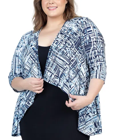 24seven Comfort Apparel Plus Size 3/4 Length Sleeve Open Cardigan In Navy Multi