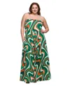 24seven Comfort Apparel Plus Size A-line Strapless Maxi Dress With Pockets In Green Multi