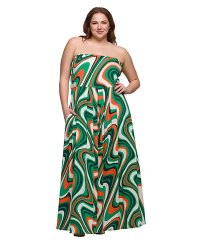 24seven Comfort Apparel Plus Size A-line Strapless Maxi Dress With Pockets In Green Multi