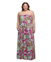 24seven Comfort Apparel Plus Size A-line Strapless Maxi Dress With Pockets In Pink Multi