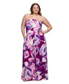 24seven Comfort Apparel Plus Size A-line Strapless Maxi Dress With Pockets In Pulple Multi