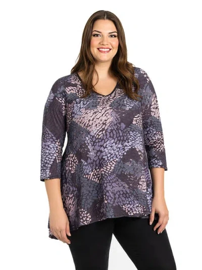 24seven Comfort Apparel Plus Size Abstract Print V-neck Three Quarter Sleeve Tunic Top In Blue