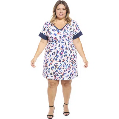 24seven Comfort Apparel Plus Size Abstract Short Sleeve Knee Length T-shirt Dress In Blue
