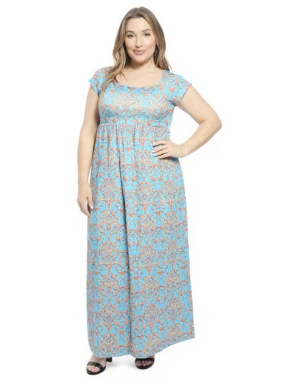 24seven Comfort Apparel Plus Size Abstract Square Neck Cap Sleeve Pleated A-line Maxi Dress In Blue