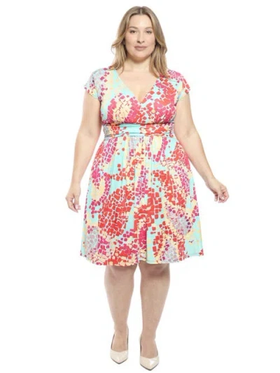 24seven Comfort Apparel Plus Size Abstract V-neck Cap Sleeve Knee Length A-line Pocket Dress In Multi