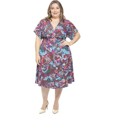 24seven Comfort Apparel Plus Size Abstract V-neck Dolman Sleeve Twist Front A-line Midi Dress In Multi