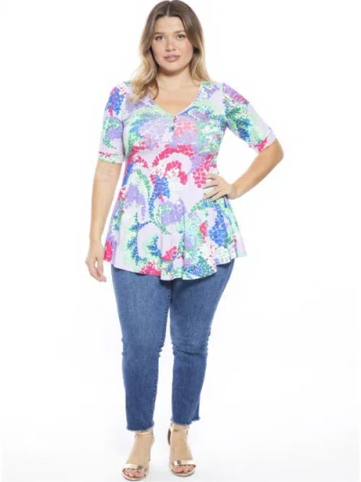 24seven Comfort Apparel Plus Size Abstract V-neck Elbow Sleeve Henley Tunic Top In Purple