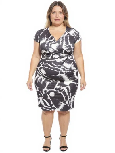 24seven Comfort Apparel Plus Size Abstract V-neck Short Sleeve Knee Length Faux Wrap Dress In Black