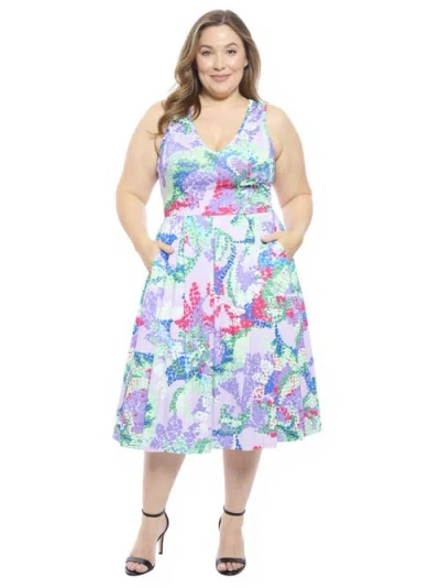 24seven Comfort Apparel Plus Size Abstract V-neck Sleeveless Pleated Pocket Midi Fit N Flare Dress In Multi